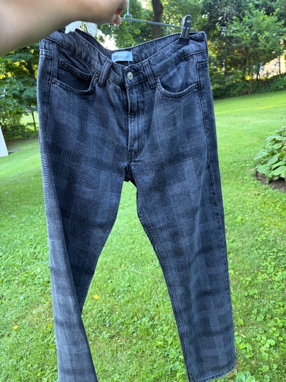 NWT: ZARA Grey Tonal Shadow Plaid Straight Leg Jean Pants, Size 2